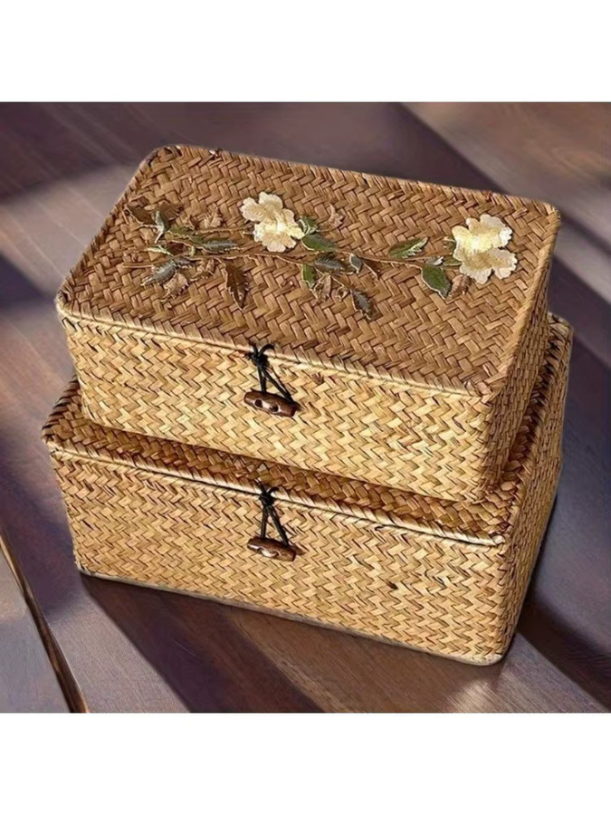 Handgewebte Aufbewahrungsbox aus Seegras mit Deckel in Gelb als vielseitiger Organizer für dein Make-up oder Regale - Bild 3
