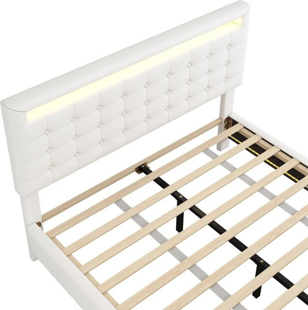 KOMHTOM Flachbett mit LED-Stimmungsbeleuchtung in Weiß, B/T: 140 x 200 cm, mit verstellbarem Kopfteil und Federung aus PU-Material - Bild 1