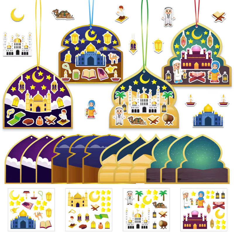 ZQNYCY 36 Stück Eid Mubarak DIY Szenenaufkleber Set mit Band als Ramadan Kinder Geschenk und Islamische Muslim Party Dekoration in Mehrfarbig - Bild 2