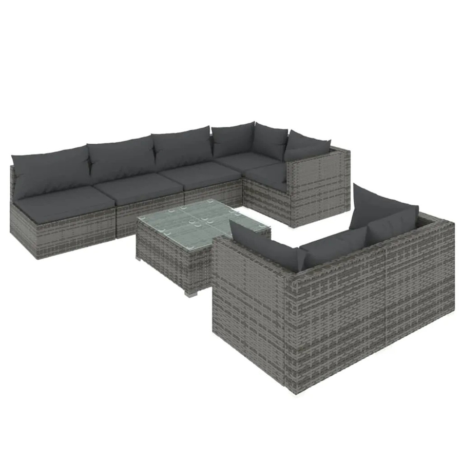 vidaXL 8-teiliges Garten-Lounge-Set in U-Form aus grauem Poly-Rattan mit Kissen und Glastisch - Bild 2