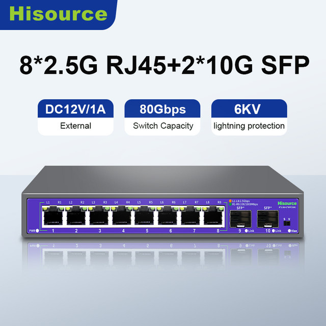 Hisource 8-Port 2,5G Ethernet-Switch mit 2*10G SFP+ Ports, Non-PoE, Schwarz - Bild 1