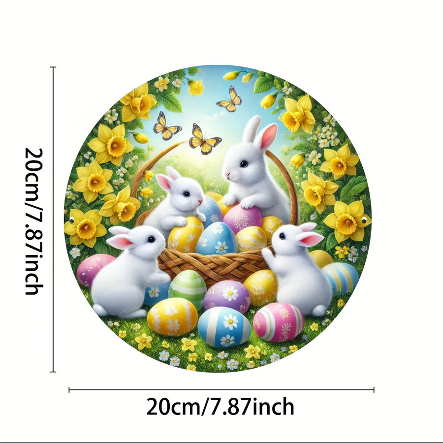HELLOYOUNG Osterhasen Wandkunst aus Metall, rundes 2D-Dekorschild mit floralem Motiv in Mehrfarbig, Durchmesser: 20 cm - Bild 2
