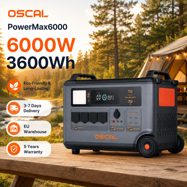 OSCAL PowerMax6000 Tragbare Powerstation mit 6000W und 3600Wh LiFePO4 Akku, Erweiterbarer Solargenerator in Schwarz, Split-Phase 120V/240V mit USV-Funktion und APP-Steuerung - Bild 1