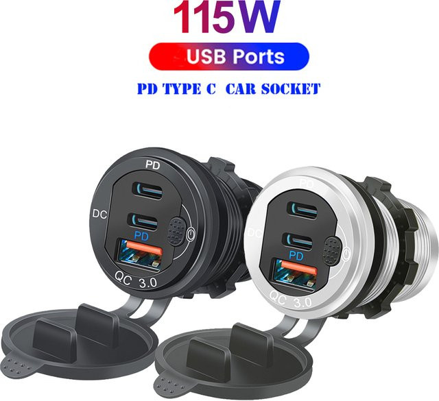 Kebidumei 12/24 V Autoladegerät mit 3 Ports, QC 3.0 und PD Typ C Schnellladegerät-Adapter aus Aluminium in Silber - Bild 1