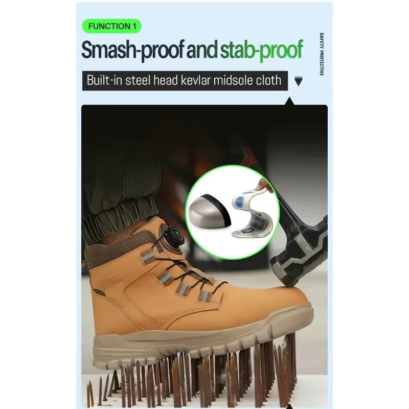 QHSPE Sicherheitsstiefel für Herren, wasserdichte und unzerstörbare Arbeitsschuhe mit Stahlkappe und stichfester Sohle, Beige/Braun - Bild 3