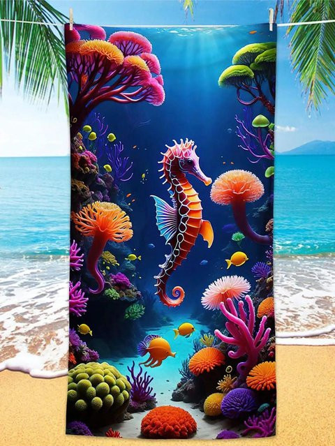 Ka Chen Muxi Strandtuch mit Seepferdchen- und Korallenmuster in Weiß, Breite: 30 cm, Höhe: 60 cm - Bild 1