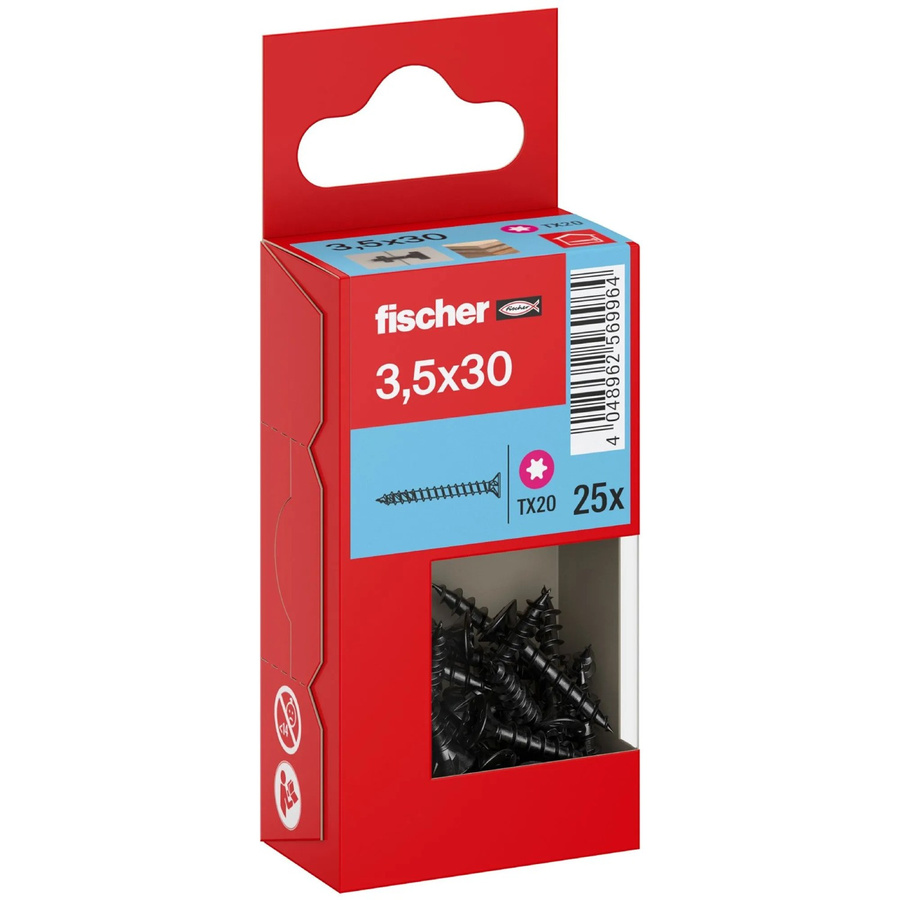 Fischer PowerFast II Senkkopf Schraube mit Torx-Antrieb und Vollgewinde, Farbe Schwarz, Durchmesser: 3,5 mm, Länge: 30 mm, 25 Stück - Bild 2
