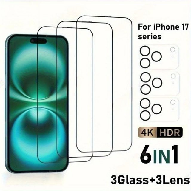 6-in-1 Displayschutz aus gehärtetem Glas mit Kameraobjektivschutz für iPhone 17 16 15 14 13 12 11 Pro Max und 17Air, transparent - Bild 1