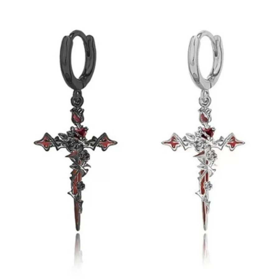 Lucky Star Jewelry Creolen Gothic Kreuz, Dornenrosen Anhänger, Zinklegierung, Schwarz, Unisex - Bild 1