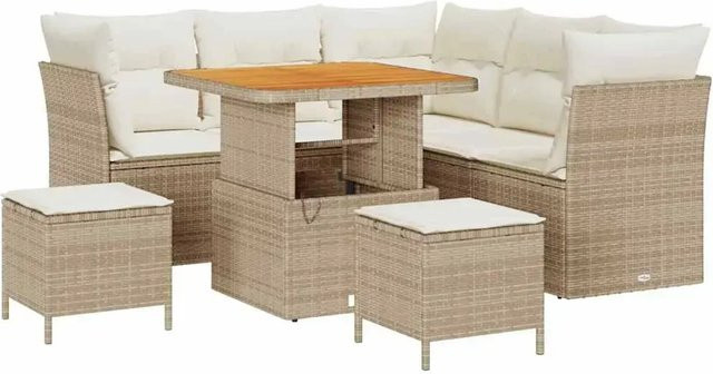 vidaXL 8-teiliges Garten-Sofa-Set in Beige aus Polyrattan und Akazie mit Kissen und L-Form - Bild 1