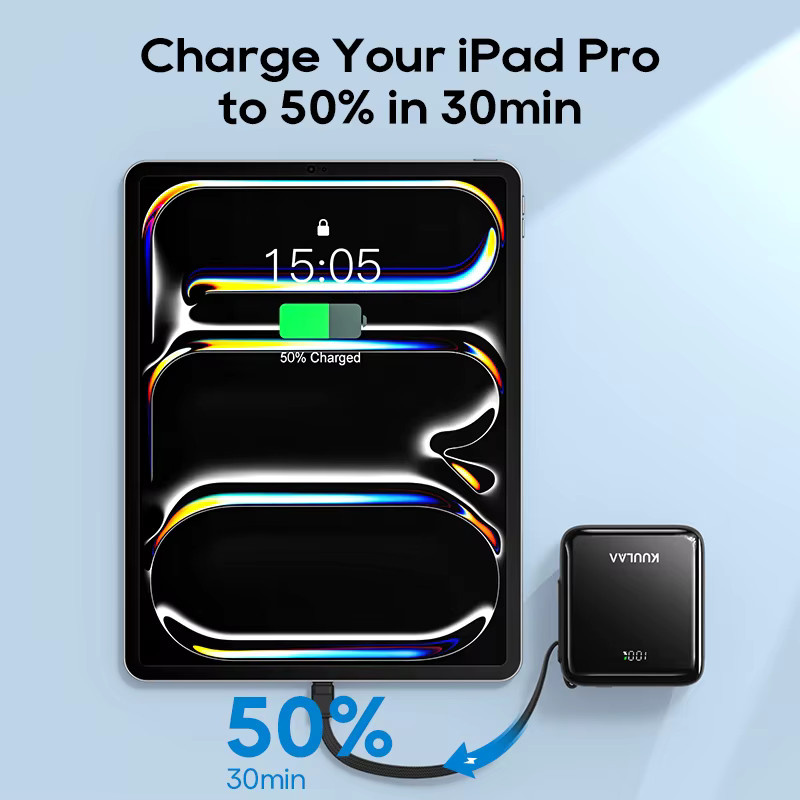KUULAA Mini Powerbank 10000mAh mit integriertem USB-C-Kabel, 35W Schnellladegerät, Schwarz - Bild 4