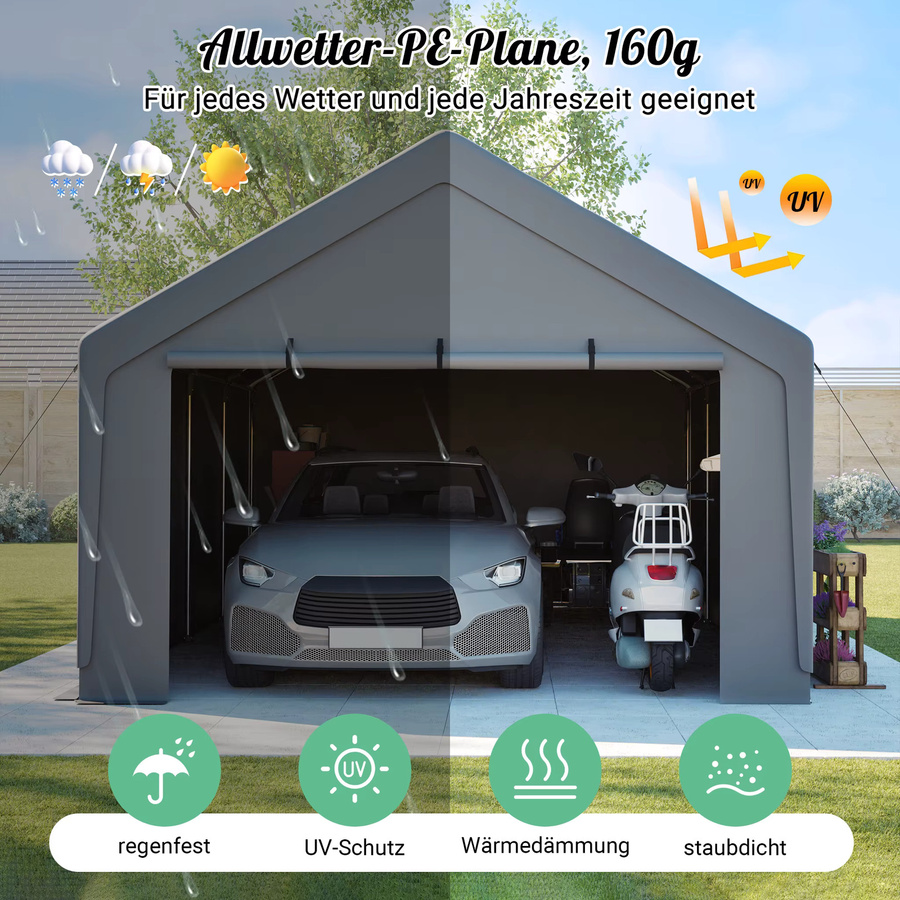 THANADDO Carport aus verzinktem Stahl mit PE-Abdeckung in Grau, tragbarer Garagenunterstand mit Giebeldach, wind- und UV-beständig - Bild 4