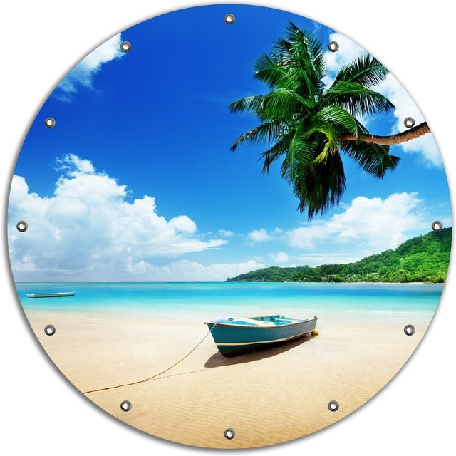 Wallario Gartenposter Urlaub am Palmenstrand mit Fischerboot, Multicolor, Breite: 120 cm, Höhe: 180 cm - Bild 1