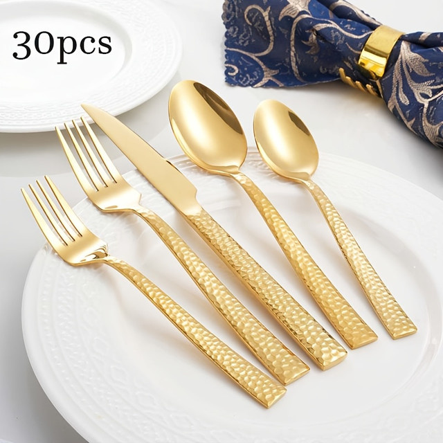 30-teiliges Edelstahl-Besteck-Set in Gold mit Hammermuster-Griffdesign für 6 Personen - Bild 1
