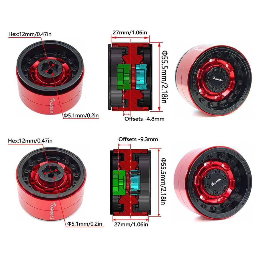 TxxRcss RC 1.9 Beadlock-Räder, Aluminium-Upgrades, Metall, Schwarz, Rot - Bild 4