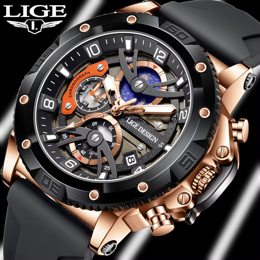 LIGE Armbanduhr Chronograph, Quarz, Silikon, Schwarz, Herren - Bild 4