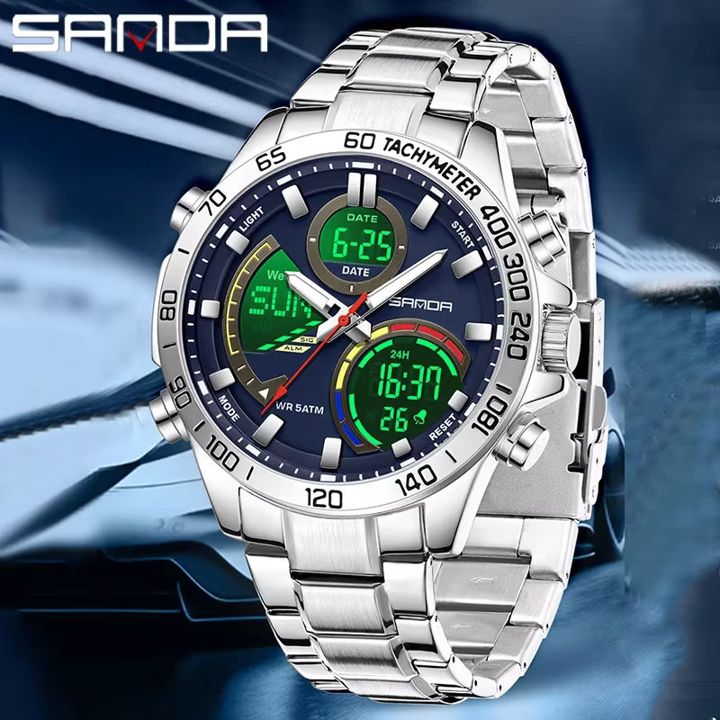 SANDA Armbanduhr Digital, Quarz, Edelstahl, Schwarz, Herren - Bild 2