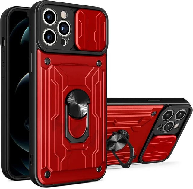 Magnetische Handyhülle für Apple iPhone mit Kamera-Kartensteckplatz und Ring nach Militärstandard in Rot - Bild 1