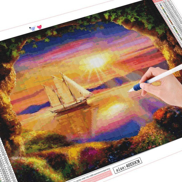 FIYO DIY Diamantmalerei Landschaft Meer mit Strass in Orange und Multicolour, B/H: 30 x 20 cm - Bild 1
