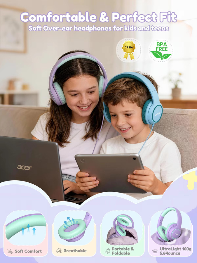 Acer OHW328 Kinderkopfhörer Over-Ear mit sicherem Lautstärkebegrenzer 85/94dB, kabelgebunden mit 3,5mm Klinke, faltbar, Multicolour - Bild 2