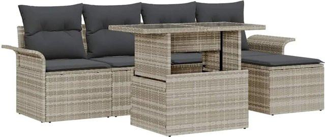 vidaXL Garten-Sofa-Set 6-teilig aus Poly-Rattan in Hellgrau mit Kissen und pulverbeschichtetem Stahlgestell - Bild 1
