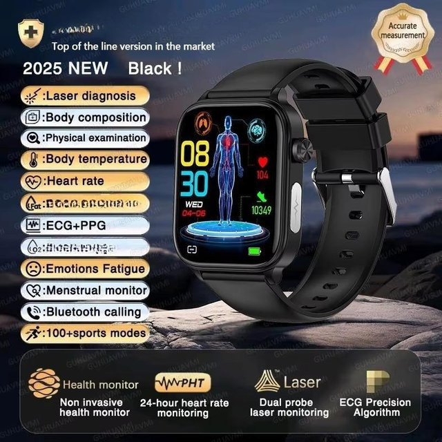 ZODVBOZ Smartwatch mit EKG und PPG Gesundheitsdiagnose, Bluetooth, Herzfrequenz, SpO2 und Schlafüberwachung, Schwarz mit Silikonarmband - Bild 1