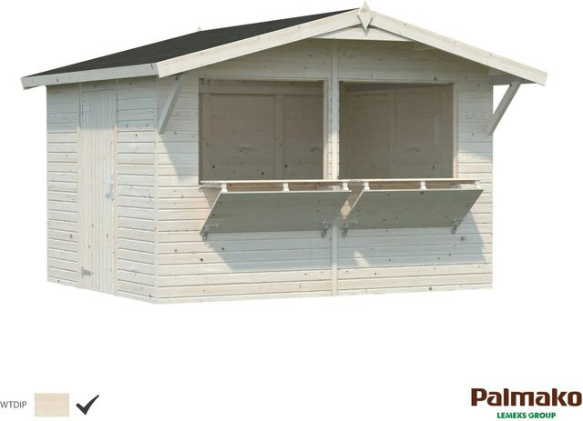 Palmako Stella Verkaufsstand aus Holz mit Satteldach und Vordach in Beige, B/H/T: 361 x 239 x 320 cm - Bild 1