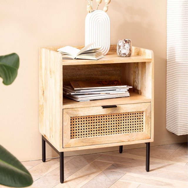 Finebuy Nachtkonsole aus Massivholz mit Rattan und Wiener Geflecht in Beige, BOHO Nachttisch für dein Schlafzimmer, B/T/H: 40 x 50 x 60 cm - Bild 1