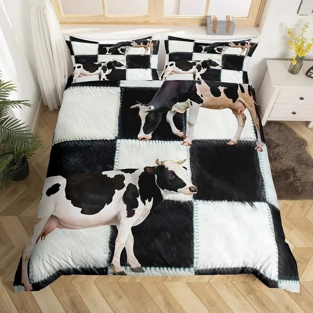 Bettwäsche-Set Lodestar mit Kuh-Print und Karomuster in Weiß, B/H: 135 x 200 cm - Bild 1