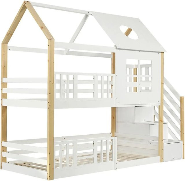 KOMHTOM Etagenbett Hausbett für Kinder mit Aufbewahrungstreppe, Fallschutzgitter und Dach aus Kiefer und MDF, Weiß und Natur, B/T/H: 200 x 90 x 171 cm - Bild 1