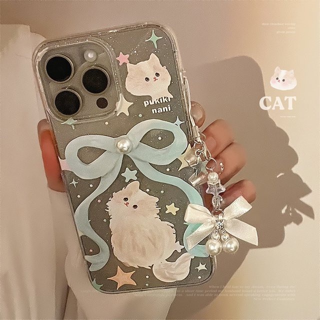 Potdemiel Handyhülle mit 3D-Perlen und Cartoon-Katze in Glitzer-Optik für iPhone 17 Air 16 15 14 Plus 13 12 11 Pro Max inklusive Kette, stoßfeste weiche Hülle, transparent - Bild 1