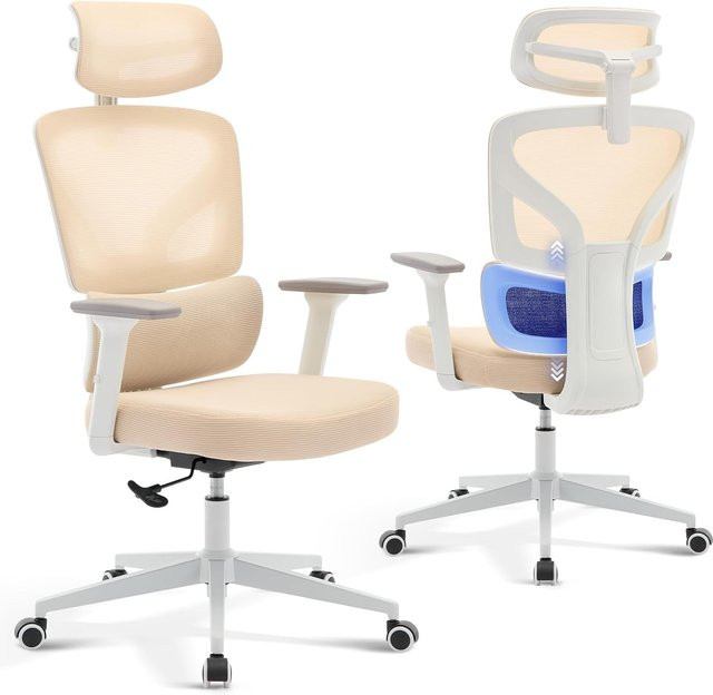 Ergonomischer Mesh-Stuhl von Garvee mit Kopfstütze und Armlehnen, beige mit weiß lackiertem Gestell, moderner Drehstuhl für Home-Office und Zuhause - Bild 1