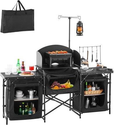 VEVOR Camping Küchentisch aus Aluminium mit 3 Lagerschränken und Windschutzscheibe, tragbare Outdoor Kochstation inklusive Tragetasche, Schwarz - Bild 1