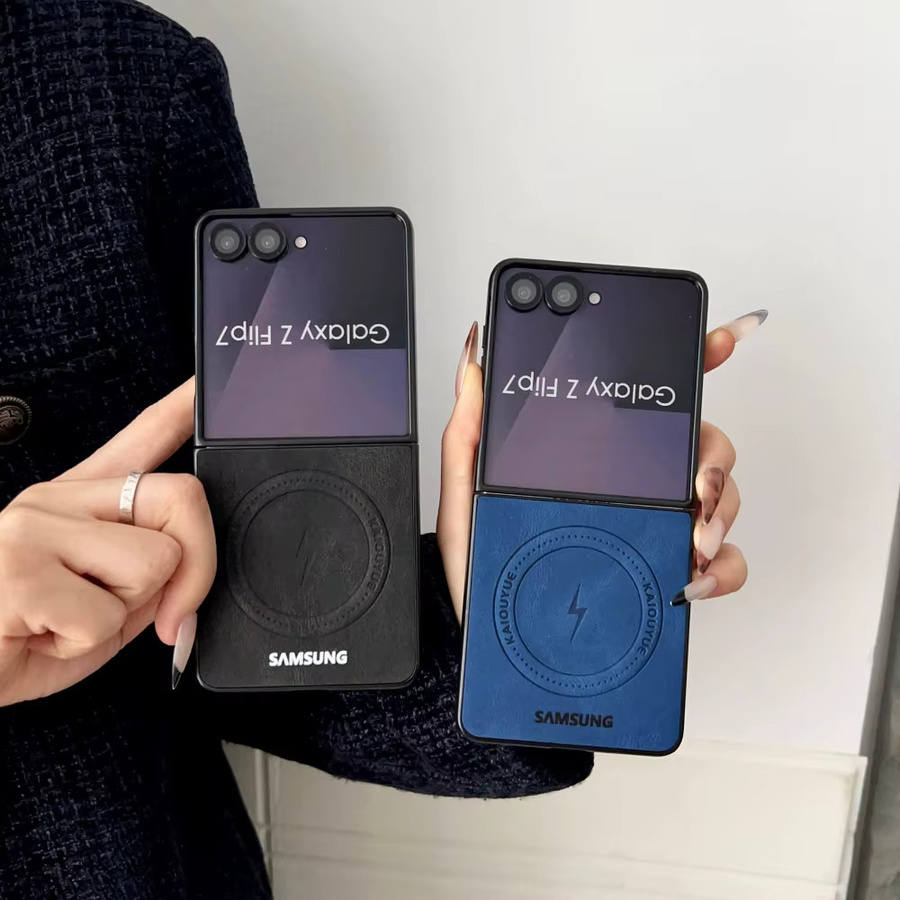 Samsung Galaxy Z Flip 8 und Z Flip 7 Magnetische Anti-Sturz Handyhülle aus Mattem Lightning Napa Grain Leder in Blau mit MagSafe Kompatibilität - Bild 3