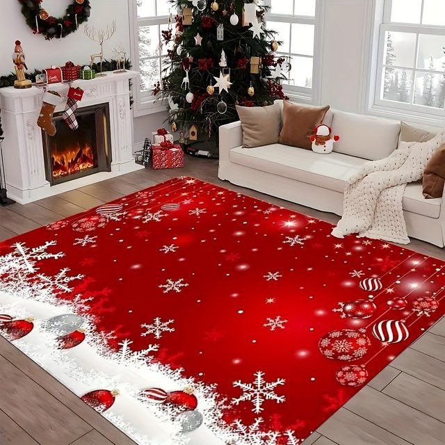VIKAMA Weihnachtsteppich mit Schneeflocken-Design in Rot für Wohnzimmer und Schlafzimmer - Bild 1