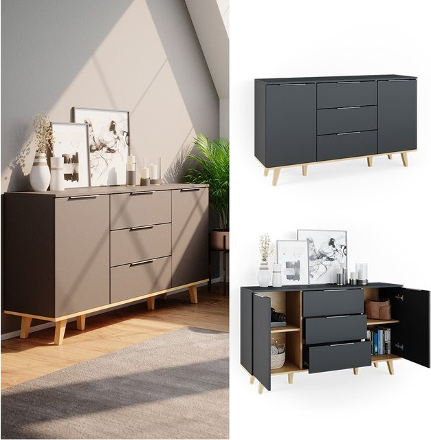 Vicco Sideboard Neptune Kommode in Anthrazit und Eiche im skandinavischen Stil mit Ablage, Türe und Schublade - Bild 1