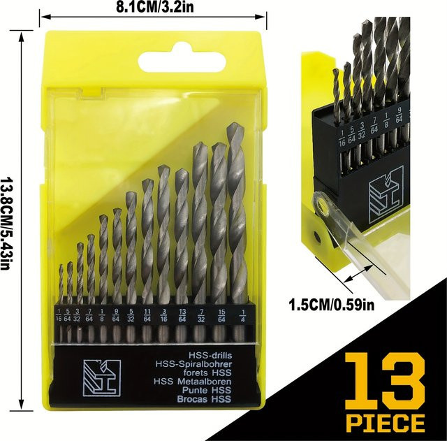 MacWork 13-teiliges HSS Titan-Spiralbohrer Set für Metall, Stahl, Kunststoff und Holz mit 1/4 bis 3/8 Zoll - Bild 1