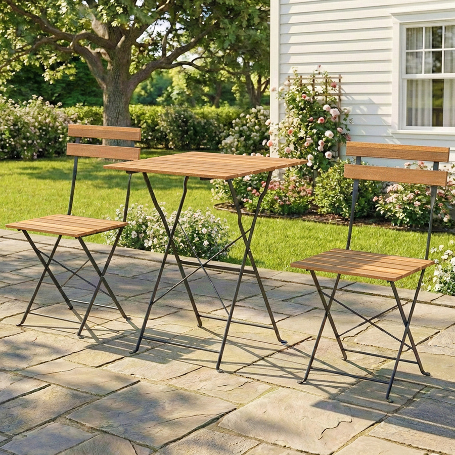 Outsunny 3-teiliges Bistrot-Gartenmöbel-Set aus Akazienholz und Metall in Natur, bestehend aus einem quadratischen Tisch und 2 klappbaren Stühlen für Balkon, Terrasse oder Garten - Bild 2