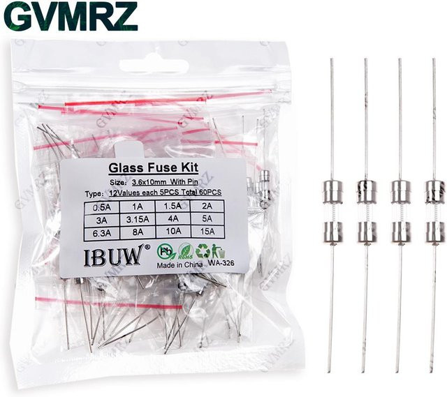 60 Stück Glassicherungen Set mit 12 Werten und Pin-Kit für elektronische Schaltkreise, transparent, Maße: 3,6 x 10 mm - Bild 1