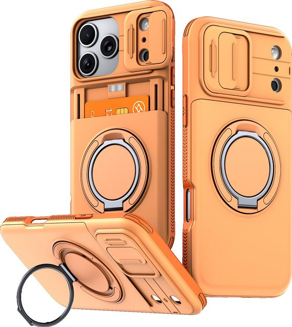 MAYLDUU Schutzhülle für iPhone 17, 16, 15, 14, 13, 12 Pro Max Plus mit Kameraabdeckung, magnetischem Ringhalter und Kartenfach in Grau und Orange - Bild 1