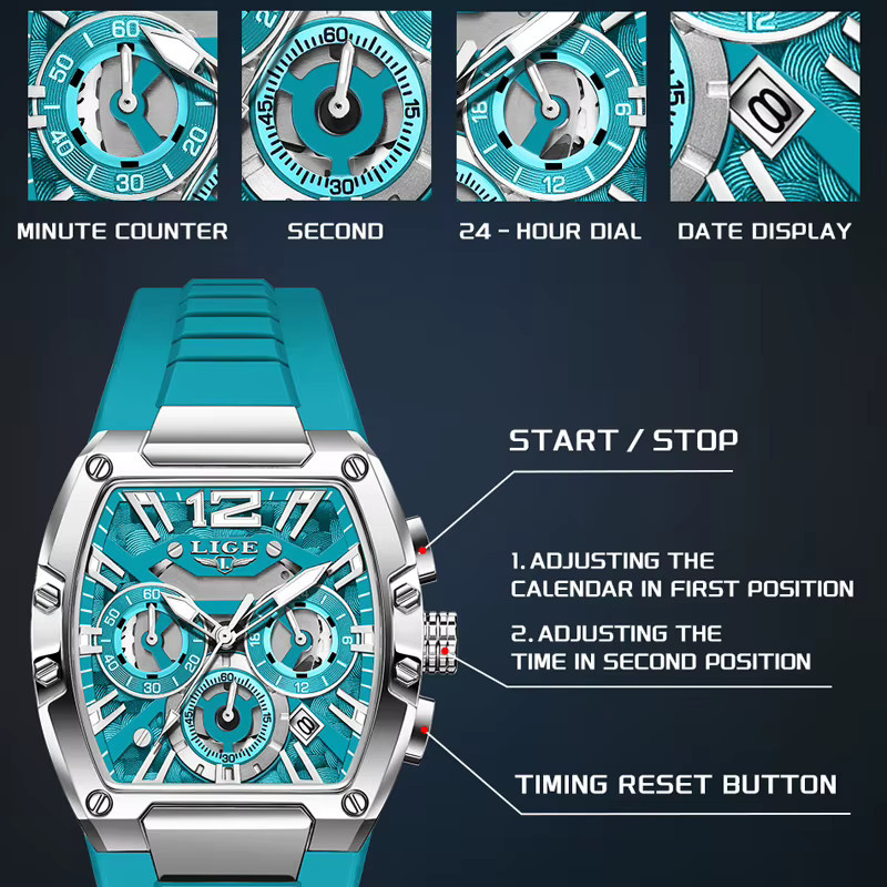 LIGE Chronograph Armbanduhr, Tonneau, Quarz, Silikon, Schwarz, Herren - Bild 6