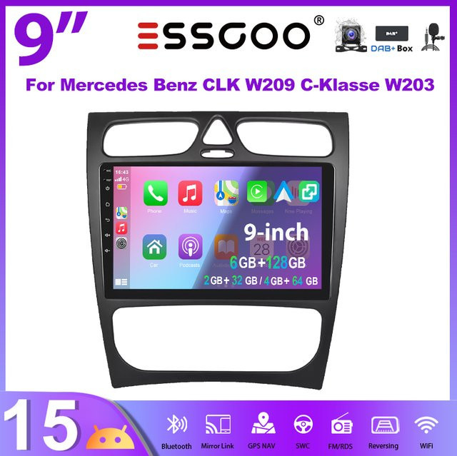 ESSGOO Android 15 Autoradio für Mercedes Benz C-Klasse W203 (2002-2004) mit 9 Zoll Touchscreen, kabelloses CarPlay, Android Auto, GPS, WiFi, Bluetooth und Lenkradsteuerung, Schwarz - Bild 1
