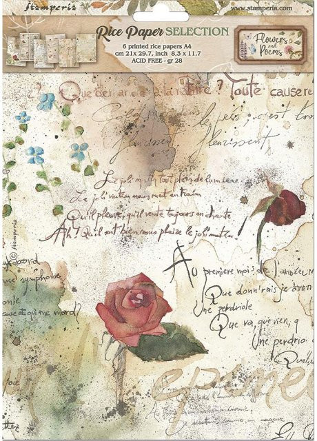 Stamperia Motiv-Strohseide Flowers and Poems, 6er-Set, DIN A4, weiß und mehrfarbig - Bild 1