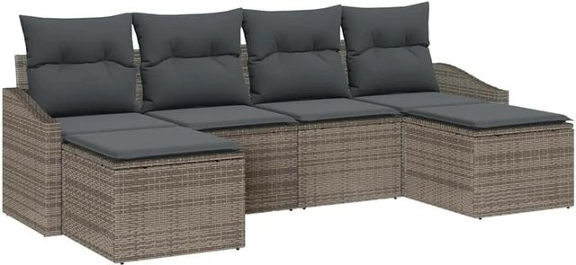 vidaXL Garten-Sofa-Set 6-teilig aus Polyrattan in Grau mit Polsterkissen und Ottoman für Terrasse und Balkon - Bild 1