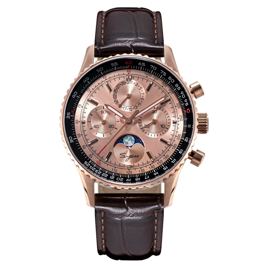 Sugess Chronograph, Moonphase, Automatik, Edelstahl, Roségold, Leder, Herren - Bild 5