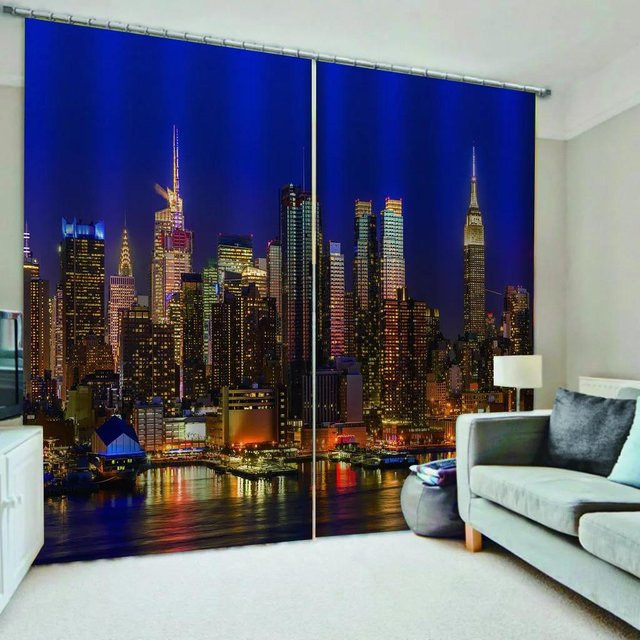 Yiran Furniture Vorhänge mit Stadtnachtszene und moderner urbaner Architektur, 2er-Set, Blau, Breite: 65 cm, Höhe: 60 cm - Bild 1