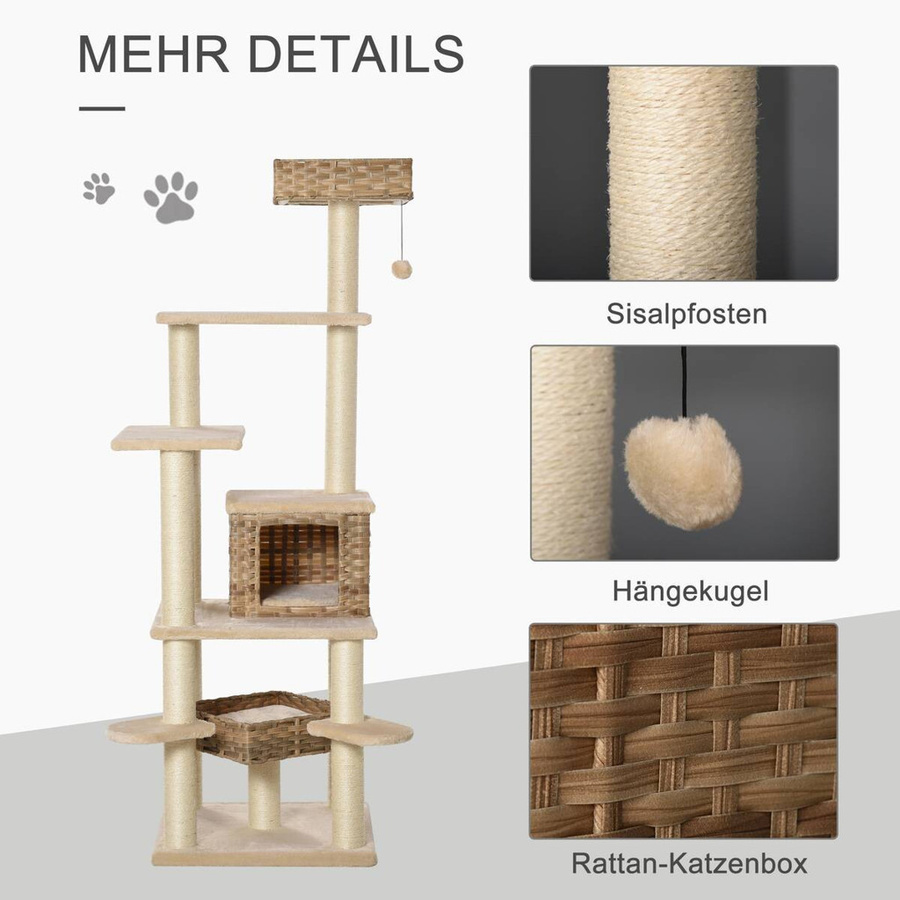 PawHut Kratzbaum mit Katzenhöhle und integriertem Spielzeug in Beige aus MDF, Sisal und Plüsch, B/T/H: 55 x 55 x 174 cm - Bild 2