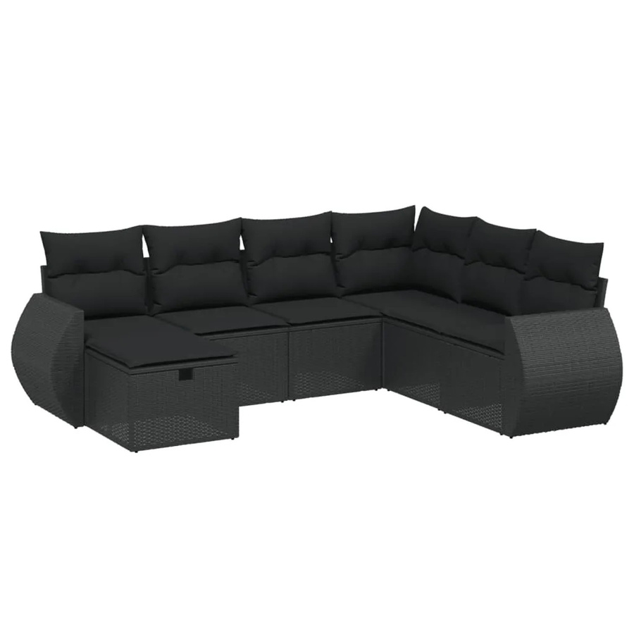 vidaXL 7-tlg Garten-Sofagarnitur in L-Form aus schwarzem PE-Rattan mit Kissen und pulverbeschichtetem Stahlgestell - Bild 2