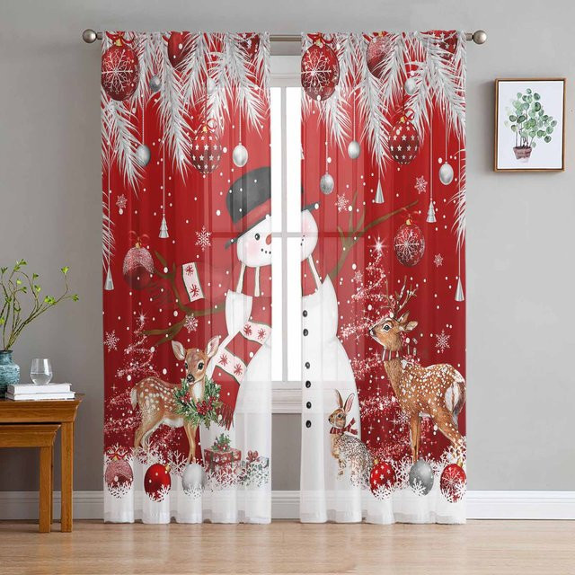 Transparente Tüll-Vorhänge mit Weihnachtsdesign in Rot und Braun, Breite: 135 cm, Höhe: 115 cm - Bild 1