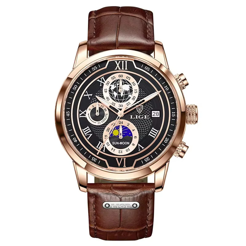LIGE Armbanduhr Chronograph, Quarz, Leder, Schwarz, Roségold, Herren - Bild 7